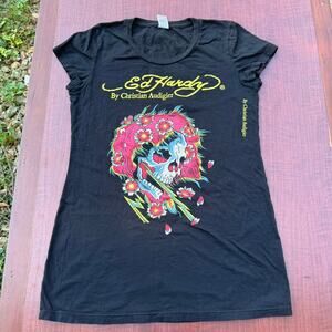 Ed Hardy Skull Floral Graphic Tee - Size Medium - Y2K
